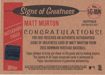 2003 Bowman Heritage - Signs of Greatness #SG-MM Matt Murton Back