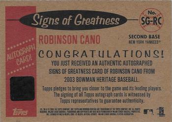 2003 Bowman Heritage - Signs of Greatness #SG-RC Robinson Cano Back
