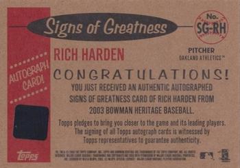 2003 Bowman Heritage - Signs of Greatness #SG-RH Rich Harden Back