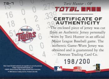 2003 Donruss Champions - Total Game Materials #TG-7 Torii Hunter Back