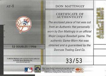 2003 Donruss Elite - All-Time Career Best Materials Parallel #AT-8 Don Mattingly Back