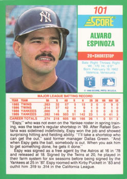 1990 Score #101 Alvaro Espinoza Back