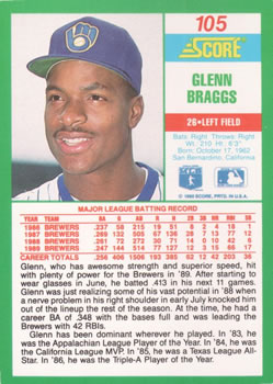 1990 Score #105 Glenn Braggs Back