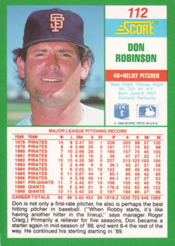 1990 Score #112 Don Robinson Back