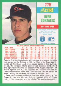 1990 Score #118 Rene Gonzales Back