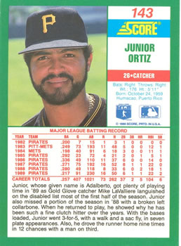 1990 Score #143 Junior Ortiz Back