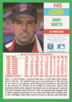 1990 Score #145 Gary Gaetti Back