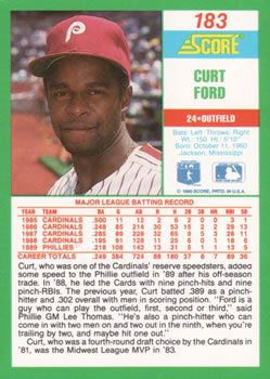 1990 Score #183 Curt Ford Back
