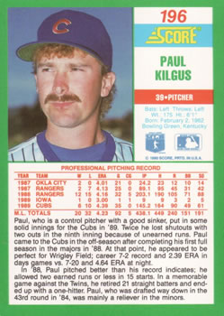 1990 Score #196 Paul Kilgus Back