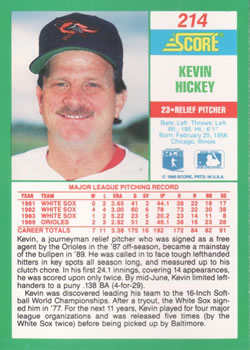 1990 Score #214 Kevin Hickey Back