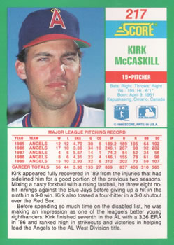 1990 Score #217 Kirk McCaskill Back