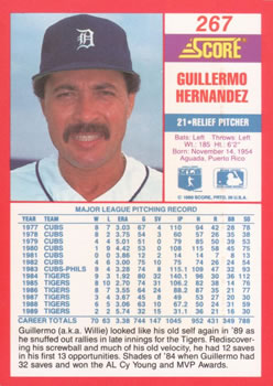 1990 Score #267 Guillermo Hernandez Back