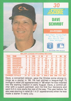 1990 Score #30 Dave Schmidt Back