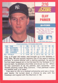1990 Score #316 Clay Parker Back