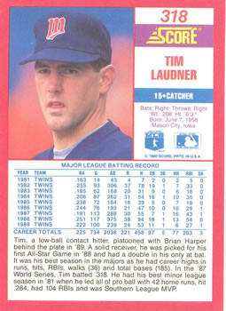 1990 Score #318 Tim Laudner Back