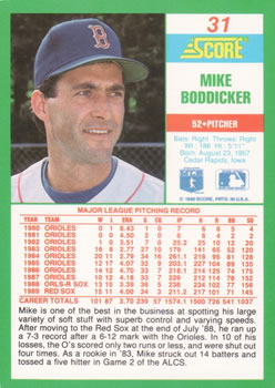 1990 Score #31 Mike Boddicker Back