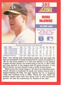 1990 Score #385 Mark McGwire Back