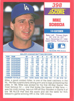1990 Score #398 Mike Scioscia Back