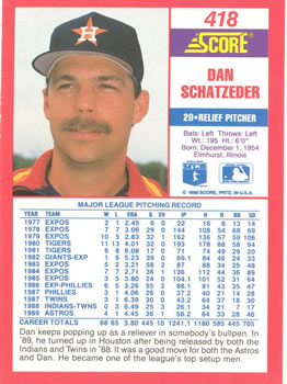 1990 Score #418 Dan Schatzeder Back