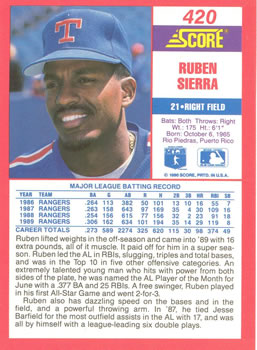 1990 Score #420 Ruben Sierra Back