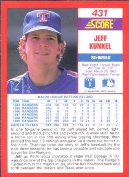1990 Score #431 Jeff Kunkel Back