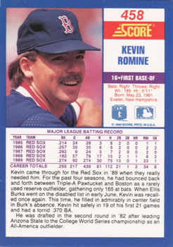 1990 Score #458 Kevin Romine Back