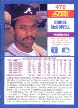 1990 Score #476 Oddibe McDowell Back