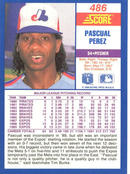 1990 Score #486 Pascual Perez Back