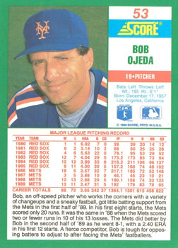 1990 Score #53 Bob Ojeda Back
