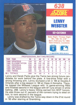 1990 Score #638 Lenny Webster Back
