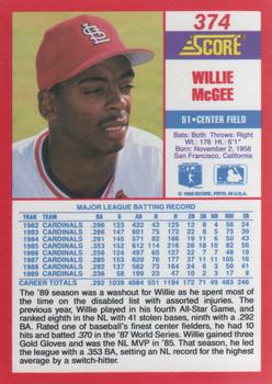 1990 Score #374 Willie McGee Back