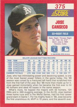 1990 Score #375 Jose Canseco Back