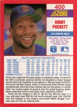 1990 Score #400 Kirby Puckett Back