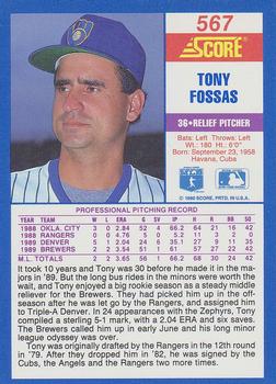1990 Score #567 Tony Fossas Back