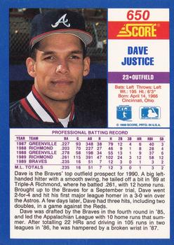 1990 Score #650 Dave Justice Back