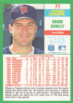 1990 Score #71 Shane Rawley Back