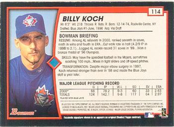 2001 Bowman #114 Billy Koch Back