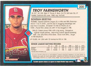 2001 Bowman #200 Troy Farnsworth Back