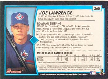2001 Bowman #265 Joe Lawrence Back