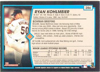 2001 Bowman #286 Ryan Kohlmeier Back