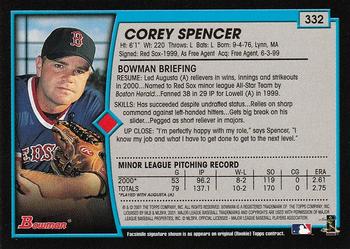 2001 Bowman #332 Corey Spencer Back