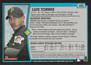 2001 Bowman #400 Luis Torres Back