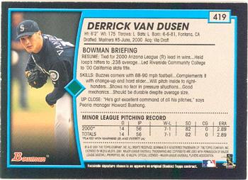 2001 Bowman #419 Derrick Van Dusen Back