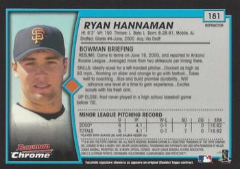 2001 Bowman Chrome #181 Ryan Hannaman Back