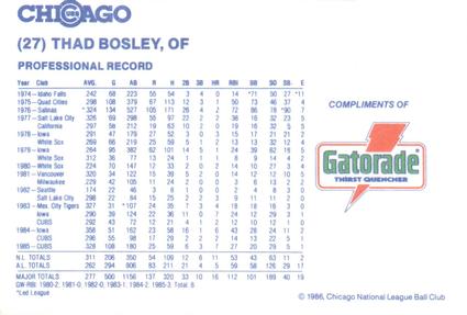 1986 Gatorade Chicago Cubs #NNO Thad Bosley Back