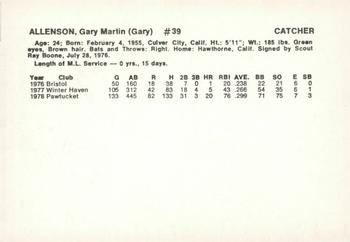 1979 Boston Red Sox Vendor Cards #NNO Gary Allenson Back