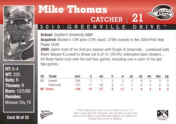 2010 MultiAd Greenville Drive #30 Mike Thomas Back