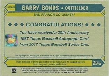2017 Topps - 1987 Topps Baseball 30th Anniversary Autographs #1987A-BB Barry Bonds Back