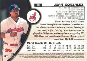 2001 Finest #10 Juan Gonzalez Back