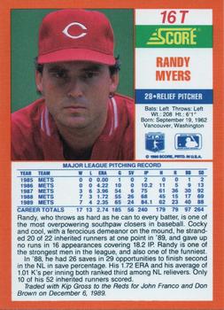 1990 Score Rookie & Traded #16T Randy Myers Back